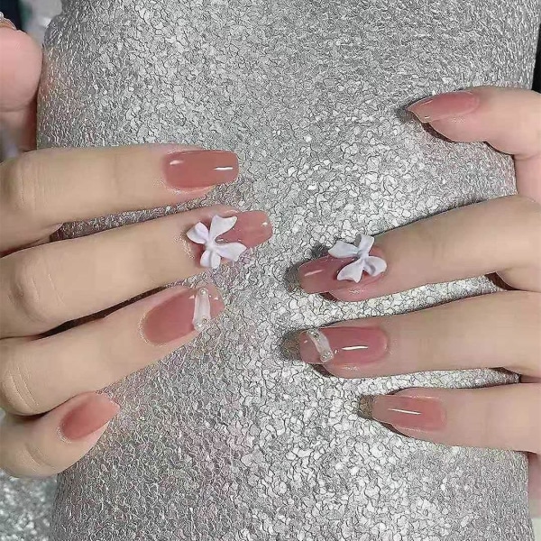 False Nail Tips Fake Artificial Art DIY Finger Cover Pink Short White Bow Detachable Round Head No33