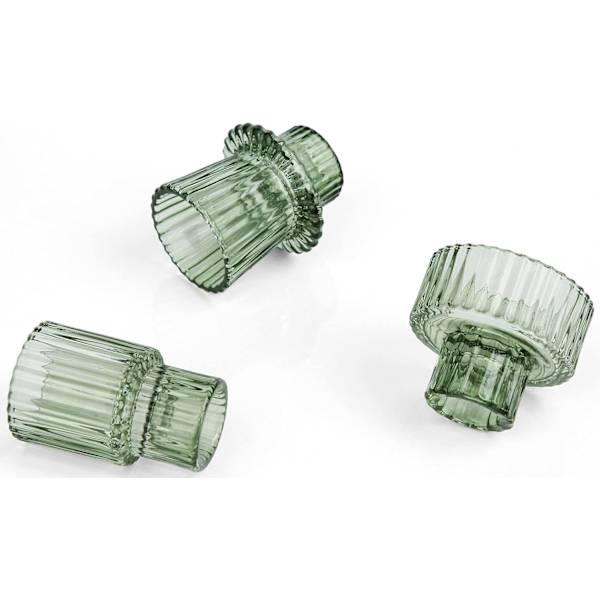 Glasslysesett med 6 glasslysestaker for spisse lys, søylelys og telys (grønn)