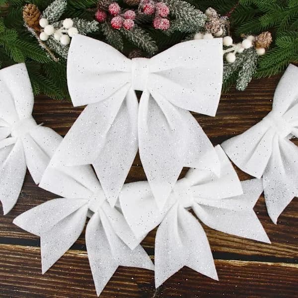 Stor Vit Glitter Julgransdekoration Rosett - 5-Pack Julgransdekoration Rosetter