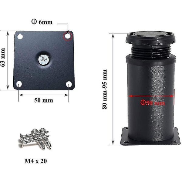 Huonekalujalka 4 mustaa säädettävää jalkaa 80 mm korkeus Paksun kaapin jalat Pöydän jalat