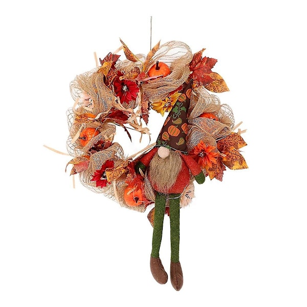 Fall Wreath Burlap Front Doors Wreath with Gnome Artificial Maple Leaf Pumpkin Sunflower Autumn Har