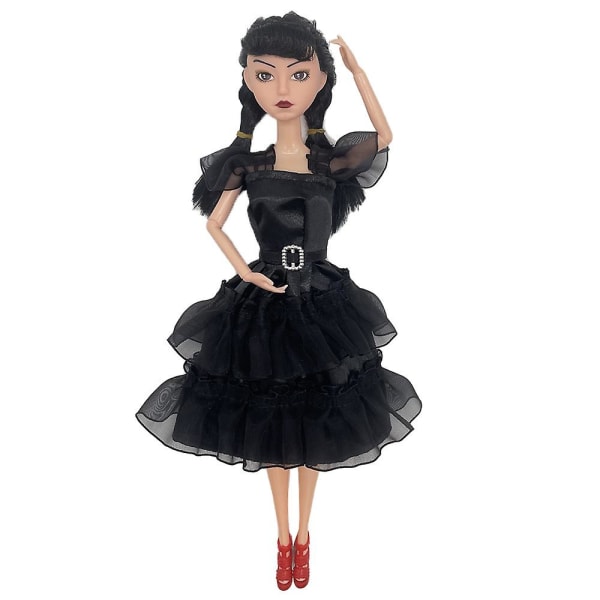11'' The Addams Family Wednesday Addams sort dukkelegetøj med sort kjole Hår & høje hæle Gave til piger Børn og fans
