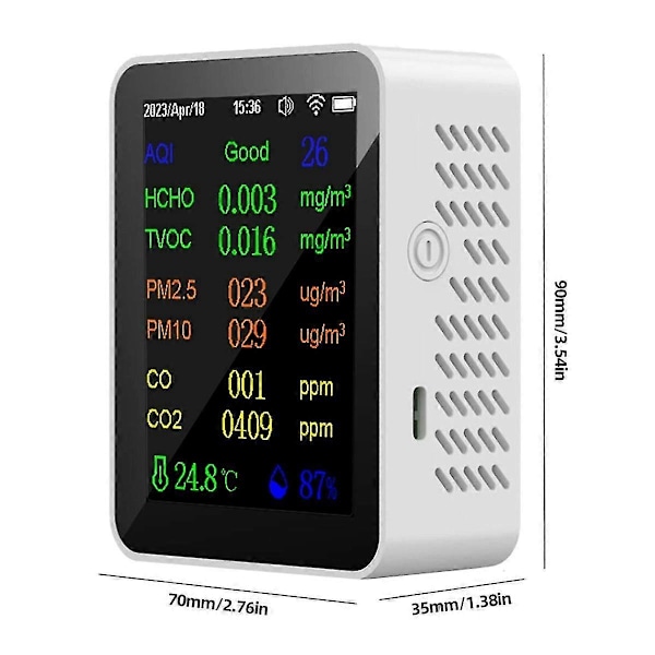 12-i-1 Luftkvalitetsmätare CO2-mätare med tid/datumvisning WiFi PM2.5 PM10 CO CO2 TVOC HCHO-testare, vit