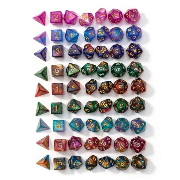 Starry Sky Polyhedral terningesæt 7-delt glitter blå & lilla terninger til D&D, Pathfinder & bordplade-rollespil Glitrende harpiks med guldnumre F 1PCS