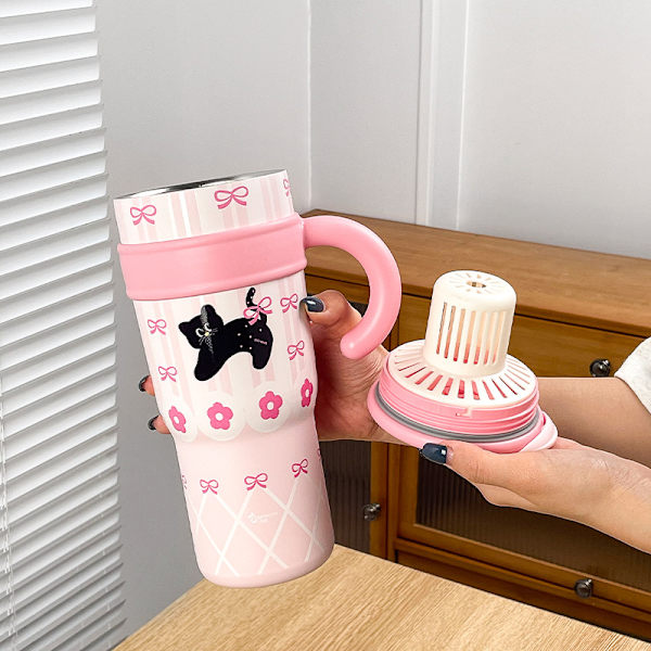 Termosmugg för kattungar, stor kapacitet, jättestor vattenmugg, kallt sugrör, söt dubbeldricksmugg, ismugg för flickor Pink Peach Cat 700ML