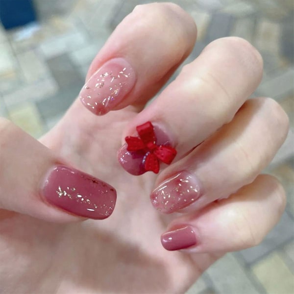 False Nail Tips Fake Artificial Art DIY Finger Cover Strawberry Gold Powder Bow Finished Detachable