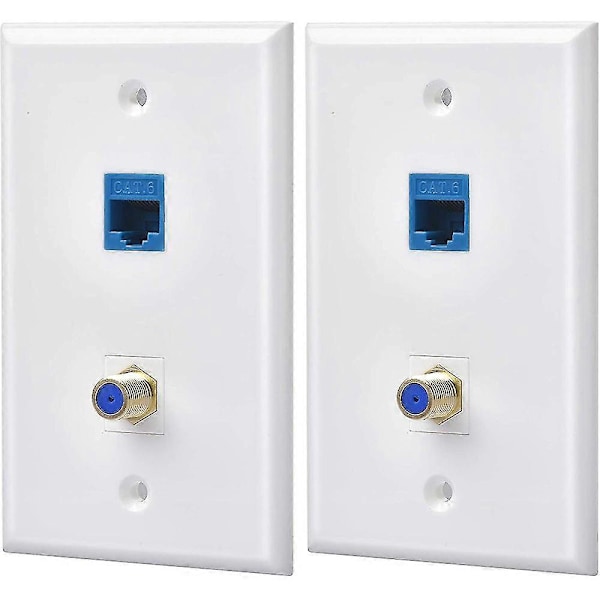 2 Pakk Ethernet Koaks Veggplateuttak med 1 Cat6 Port og 1 Gullbelagt Koaks F-Type Port RJ45 Wa