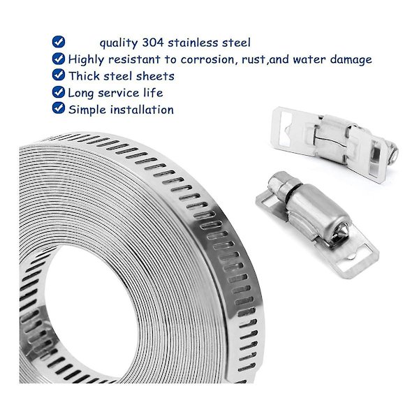 Slangeklemmer 20FT Metallbånd + 20 Festeskruer DIY Klipp-til-pass Rustfritt Stål Båndklemmer Justerbar Stor Orm