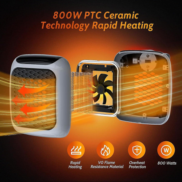 Husholdningsvarmevifte, 800w plug-in varmeapparat 2 moduser Ptc Keramisk varmebeskytter med fjernkontroll Elektrisk He