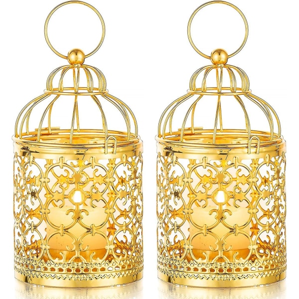 Metal hængende fuglebur lanterne 2 stk Vintage fyrfadslys lysestage rustikke stearinlys lanterner dekorative bord centerpieces til bryllup, fest, ramadan, C pink M