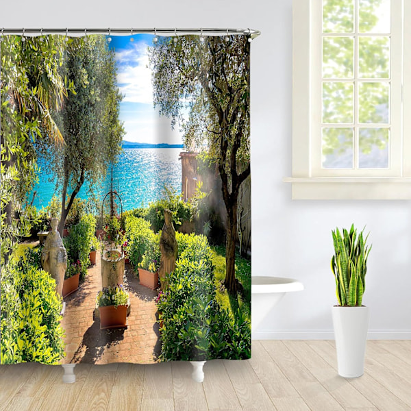 Solig strandträdgård med vacker utsikt Badrumsdekoration 3D högupplöst polyester vattentät duschdraperi 180X180cm badrumsnödvändighet