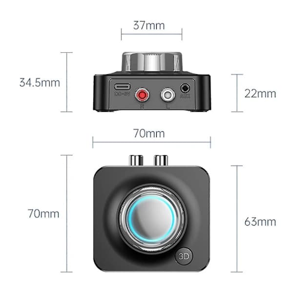 Bluetooth 5.0-mottaker Trådløs 3,5 mm Aux til 2 RCA Audio 3D Stereoadapter Opptak Svart