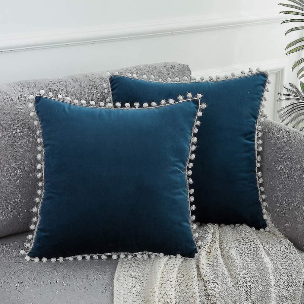 Joulun tummansiniset tyynynpäälliset 18x18 tuuman set , 2 pehmeää samettia tyynynpäällistä neliönmuotoinen koristeellinen söpö pom pom case