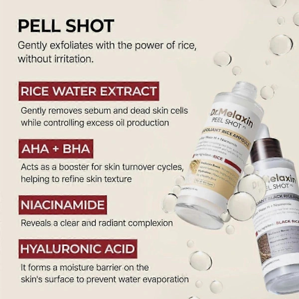 Kombipakke (2 flasker) Dr. Melaxin Peel Shot Glow Eksfolierende Risampuller (Hvid Ris/Sort Ris) 80ml Hvid Ris