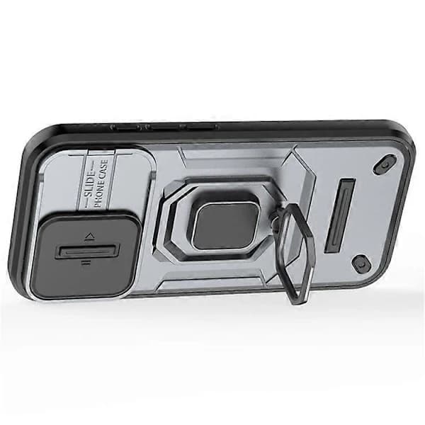 Fodral till iPhone 16 med ringstöd – PC + TPU-material, med linsskydd – Grå