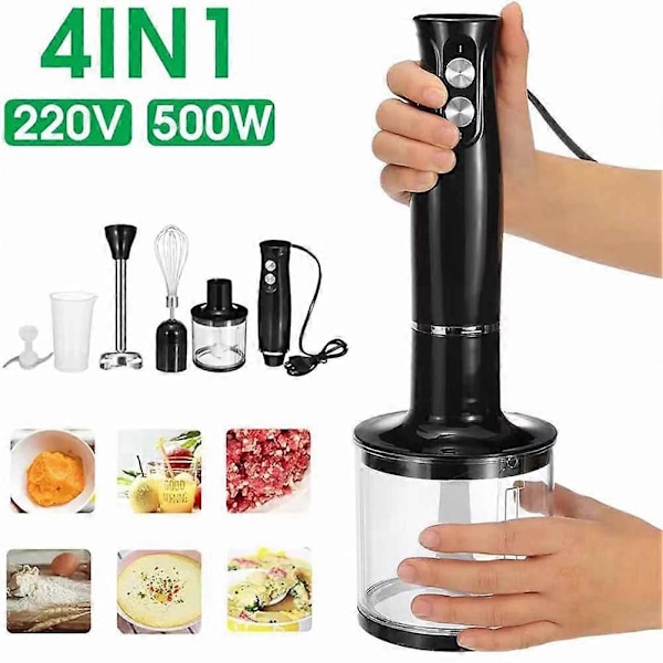 4-i-1 Högpresterande Immersion Handstavmixer Inkluderar Hackare och Smoothiekopp Rostfritt Stål