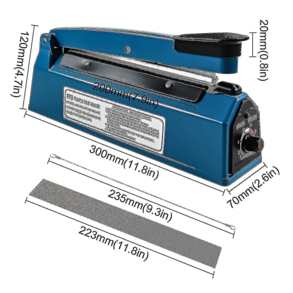 200 mm Heat Sealer Plastpåse Sealer Impulse Sealer Blue Vacuum Food Sealer Bag Pack Machine Kompatibel med Pp och Pe Plastic Bag Sealer