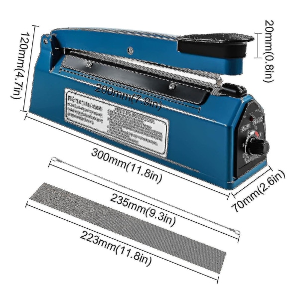 200mm Varmeforsegler Plastikposeforsegler Impulsforsegler Blå Vakuum Madforsegler Posepakningsmaskine Kompatibel Med Pp Og Pe Plastikposeforsegler