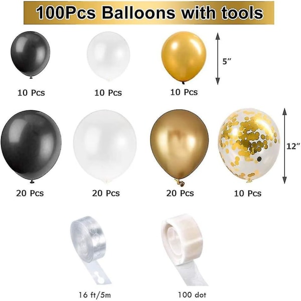 Black Gold Balloon Garland Kit, 100 kpl White Gold Confetti ja metalliset kromilateksiilmapallot hääpäivän vuosipäivän juhlatarvikkeisiin Grad