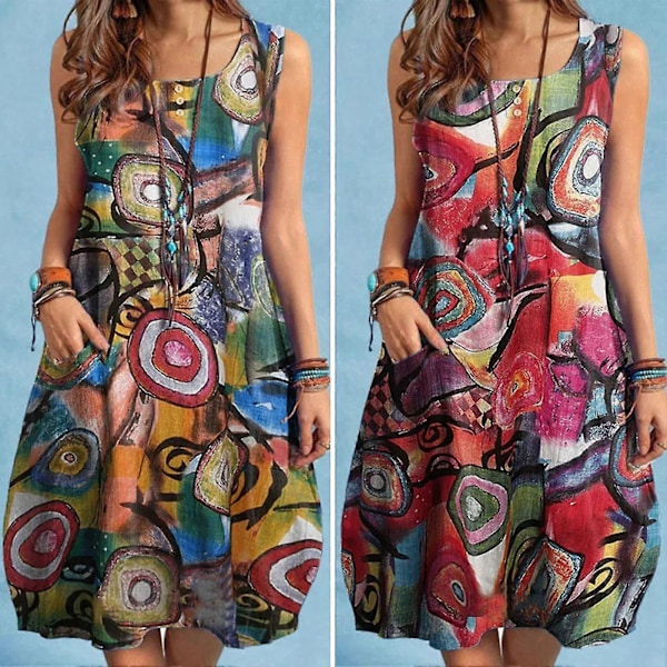 Naisten kesämekko värikäs graffitiprintti löysä pyöreäkaulainen boheemi hihaton taskut loma polven mittainen pehmeä hengittävä lady midi-mekko