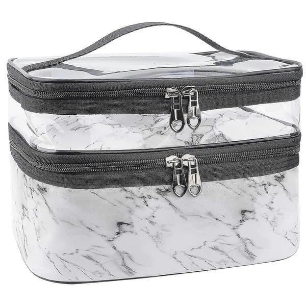 Makeup Tasker Dobbelt Lag Rejse Kosmetik Tasker Makeup Organizer Toilet Tasker (Hvid marmor)
