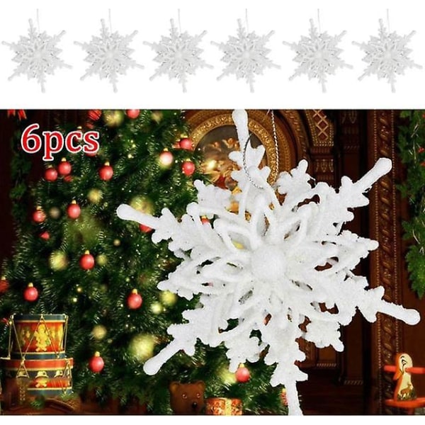 6 stk 3d snefnug vedhæng plast glitter hængende juleblomst hvid snefnug juletræsprydning til hjemmefestindretning