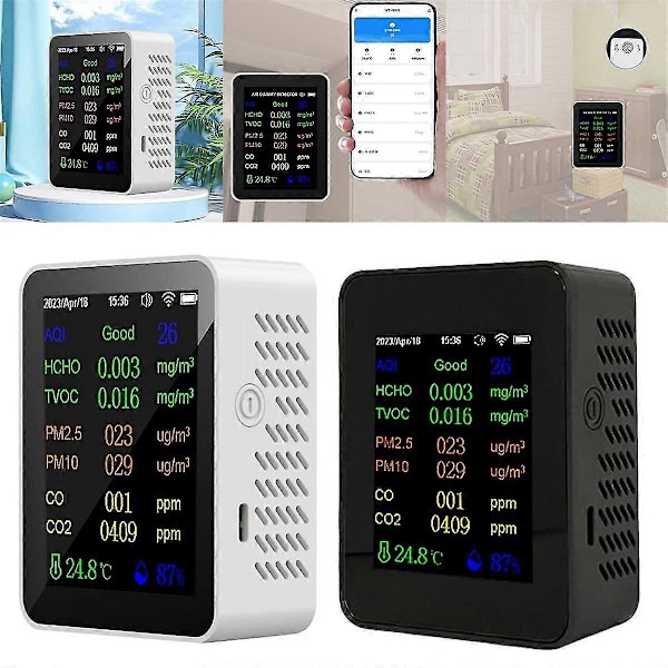 12-i-1 Luftkvalitetsmätare CO2-mätare med tid/datumvisning WiFi PM2.5 PM10 CO CO2 TVOC HCHO-testare, vit