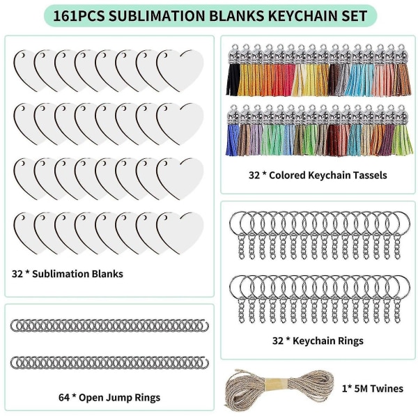 Sublimeringsnøkkelringteppe, 161 stk Sublimeringsnøkkelringsett med varmeoverføring MDF Sublimeringsblan