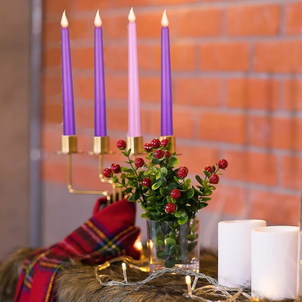 Wabjtam 4 stykker Led Flammefri Adventslys Sæt Lilla Og Pink Advent Taper Lys Til Jul Advent Ritualer, Kasteklokker, Besværgelser