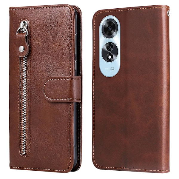 For Oppo A60 4G Etui PU Læder Kortspor Lynlås Lomme Telefon Cover - Brun