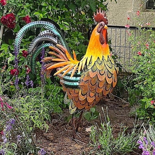 Kukkopuutarha-koristepatsas, seisova metallinen kukko eläinhahmo, 2d värikäs kana