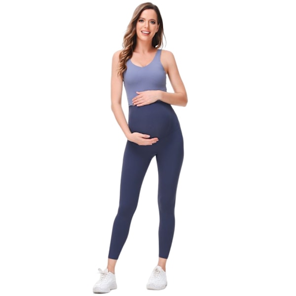 Gravide Leggings med Blød Maveunderstøttelse Elastisk Justerbar Højtaljet Graviditetsbukser Yoga Pyjamas - Grå Blå