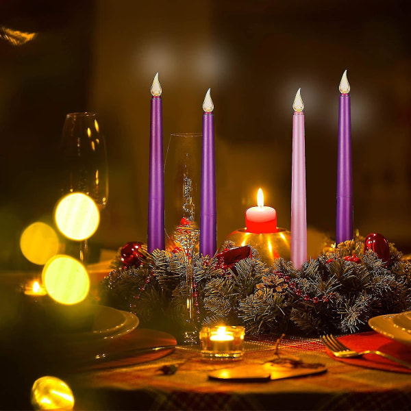 Wabjtam 4 kpl Led liekettömät adventtikynttiläsetti purppuraa ja vaaleanpunaista set joulun adventtirituaaleihin, kellosoittoihin, loitsuihin