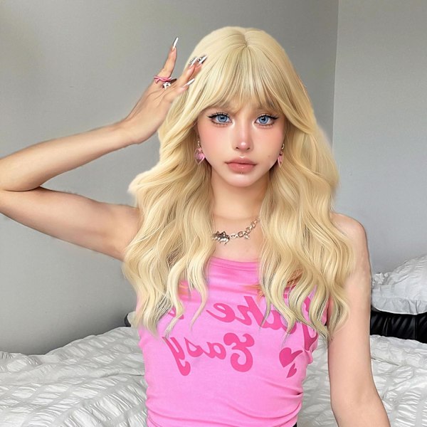 Lång vågig blond peruk för kvinnor, 68 cm lång lockig peruk med lugg, blond