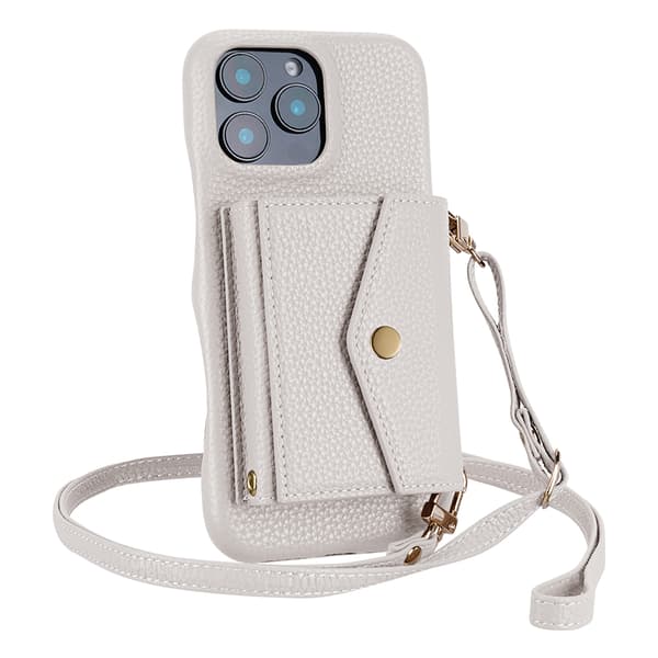Lychee-texturerat horisontellt kortfacks telefonfodral med långt snöre White (with shoulder strap) iPhone 13 Pro Max