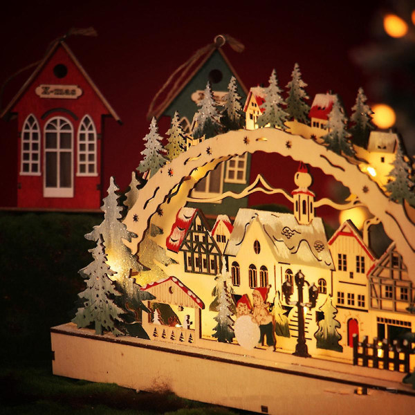 Jouluinen puutalo Kyläkuvaus 38 cm Valo joulumaisema koristeet ikkunaan takka Ruokapöytä talon koristelu
