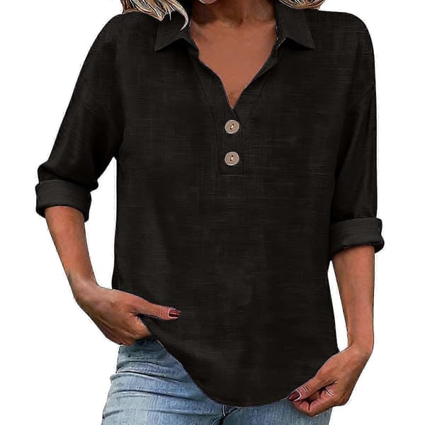 Flash-kampagne - Hørtoppe til kvinder med trekvartærmer, afslappet og elegant V-hals pullover, knapskjorte Sort BLACK L