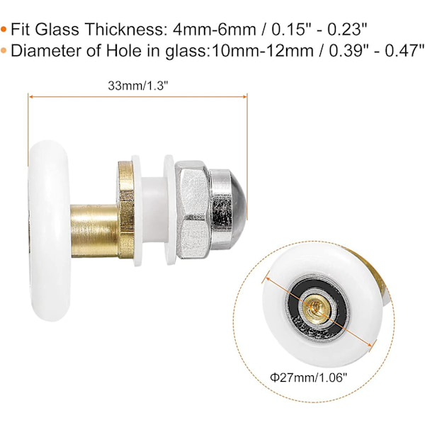 8 stk. 27 mm Diameter Dørruller til Glasdør, Skydedør, Badeværelse, Skab, Excentriske Trinser, Tilbehør