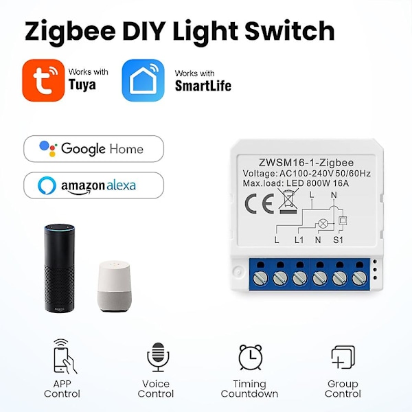 2023 Ny Timer Switch Modul Smart Home Mini Breaker 1/2/3/4-vejs Zigbee Smart Switch Stemmestyring Zigbee Tuya 16a Smart Switch