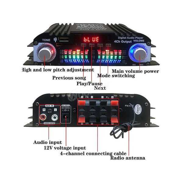 Bluetooth 5.0 Hifi ljudförstärkare 4-kanals digital ljudförstärkare för hemljudsystem, bil, karaoke stöder USB SD Aux