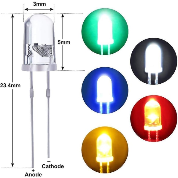 500 st 3 mm ljusemitterande dioder 2-stifts rund LED-lampa lampa Assorted Kit för elektroniska komponenter delar