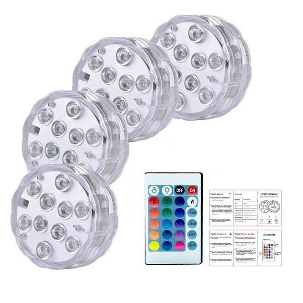 4 stk. Pool Dykke Lys med Fjernbetjening 10 LED Farverige Lysbelysning Under Vand Neddykkelig Akvarium Pool Dekoration