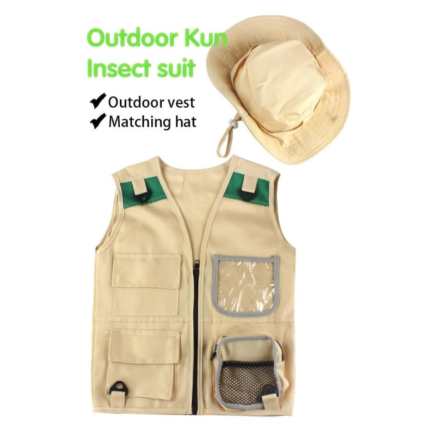 Outdoor Kit, nuoren lapsen khaki liivi ja hattu mukava ja kestävä tutkimuspuku-roolilelu