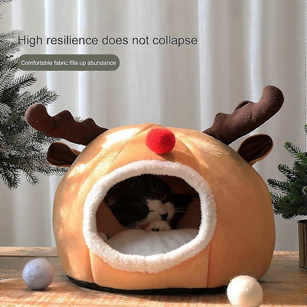 1 stk Katteseng Hus, Kattetelt Seng Julestyl Vindtett Kjæledyr Soveseng Hus Kjæledyr Katt Varmt Pute Rede Valpeseng for Katt (D-4D)