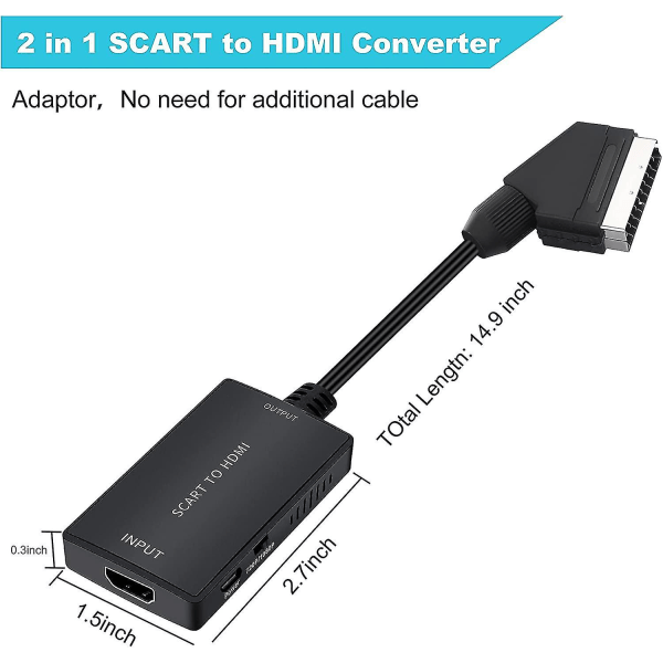 Scart till HDMI-omvandlare med HDMI-kabel, Full Hd 720p/1080p Switch Video Audio Converter