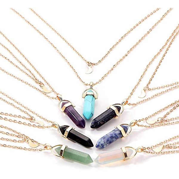 Guldkedja Hexagonal Kristall Halsband Måne Hänge Skiktad Choker Halsband-mxbc