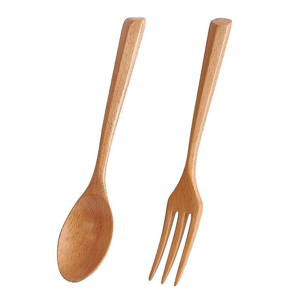 Set med 2 Naturlig enfärgad Återanvändbar Elegant Vintage Trä Bambu Bestick Bestick Bestick Sked Gaffel