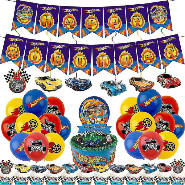 Hot Wheels Biltema Barn Pojke Födelsedagsfest Dekoration Tillbehör Ballonger Banner Cake Topper Hängande Spiral Set