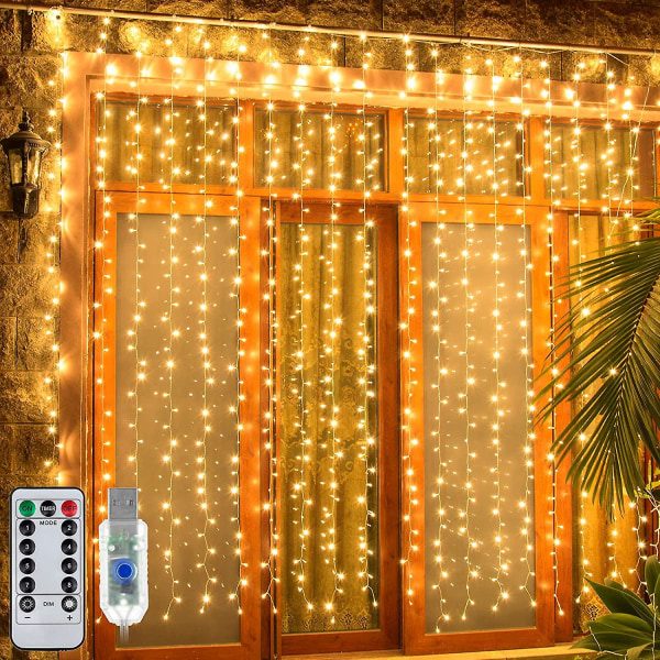 Curtain Fairy Lights Udendørs, Wall Gardin String Lights Usb drevet Vandtæt Fairy Lights Til soveværelset med fjernbetjening til julefest Hjem