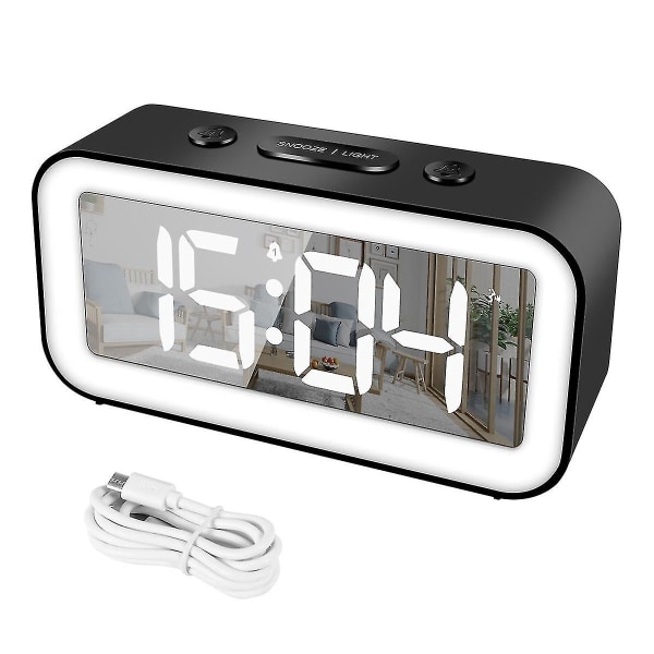 Digital väckarklocka, justerbar ljusstyrka spegel elektronisk ledklocka, 12/24 timmars väckarklockor för säng